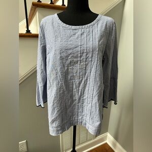 Blue White Scallop Sleeve Pinstripe Embroidered Top